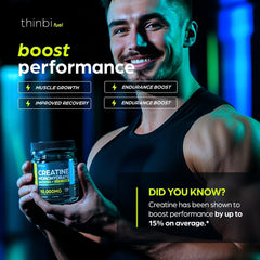 Thinbi Creatine Gummies with taurine and B12; support for focus and stamina.