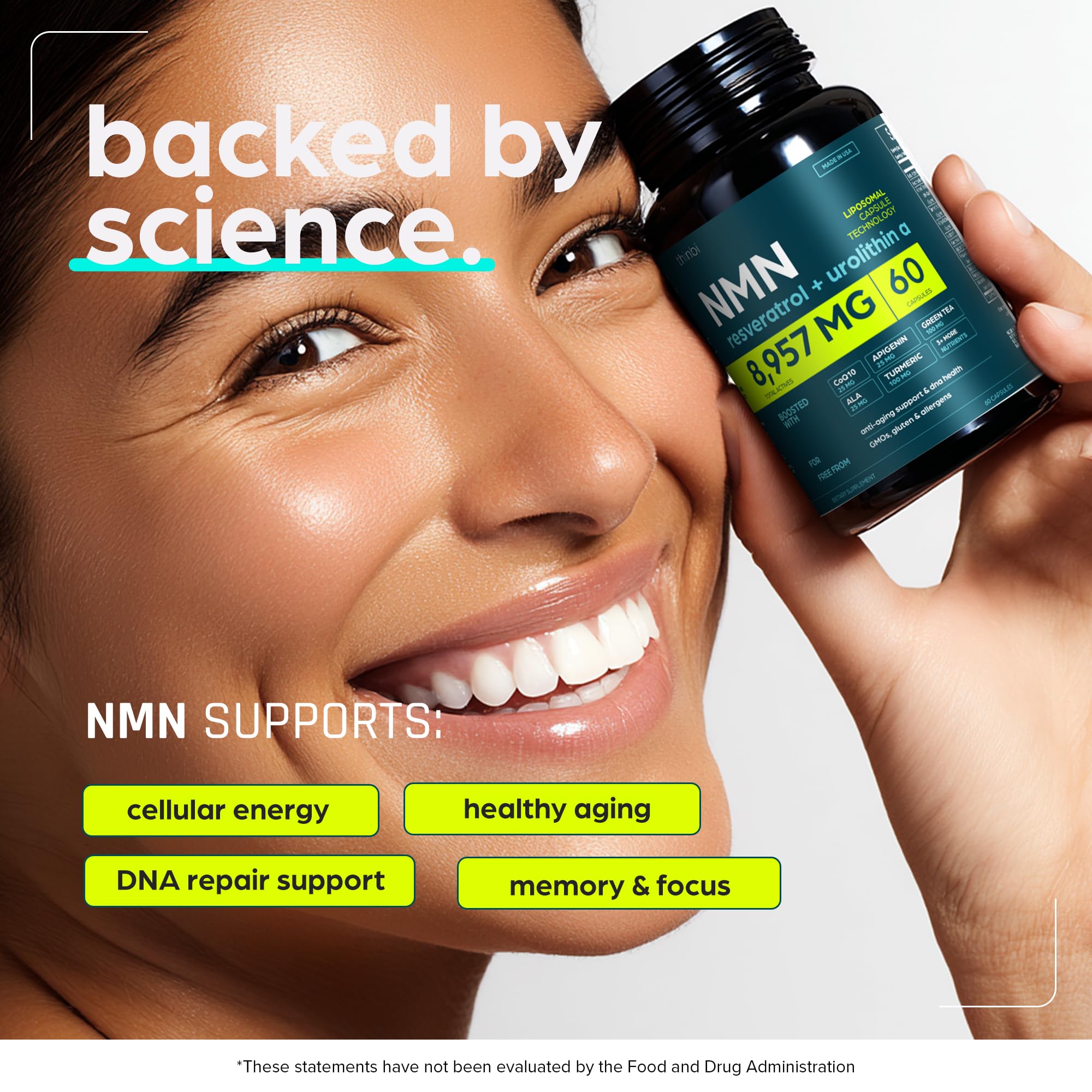 Label on Thinbi NMN bottle highlights NAD+ for transparency and quality.