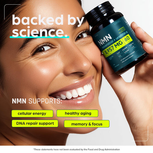Label on Thinbi NMN bottle highlights NAD+ for transparency and quality.