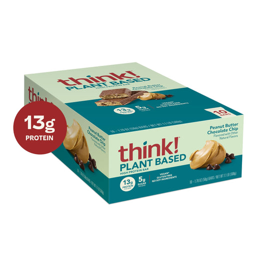 Think! bar close-up shows creamy peanut butter and chocolate chips.
