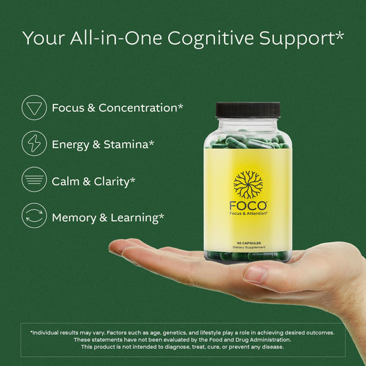 Think FOCO box and bottle on table for a focused study session.