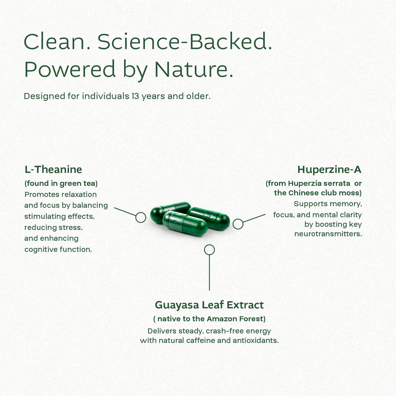 Close-up of Think FOCO label highlighting Guayasa and Huperzine-A.