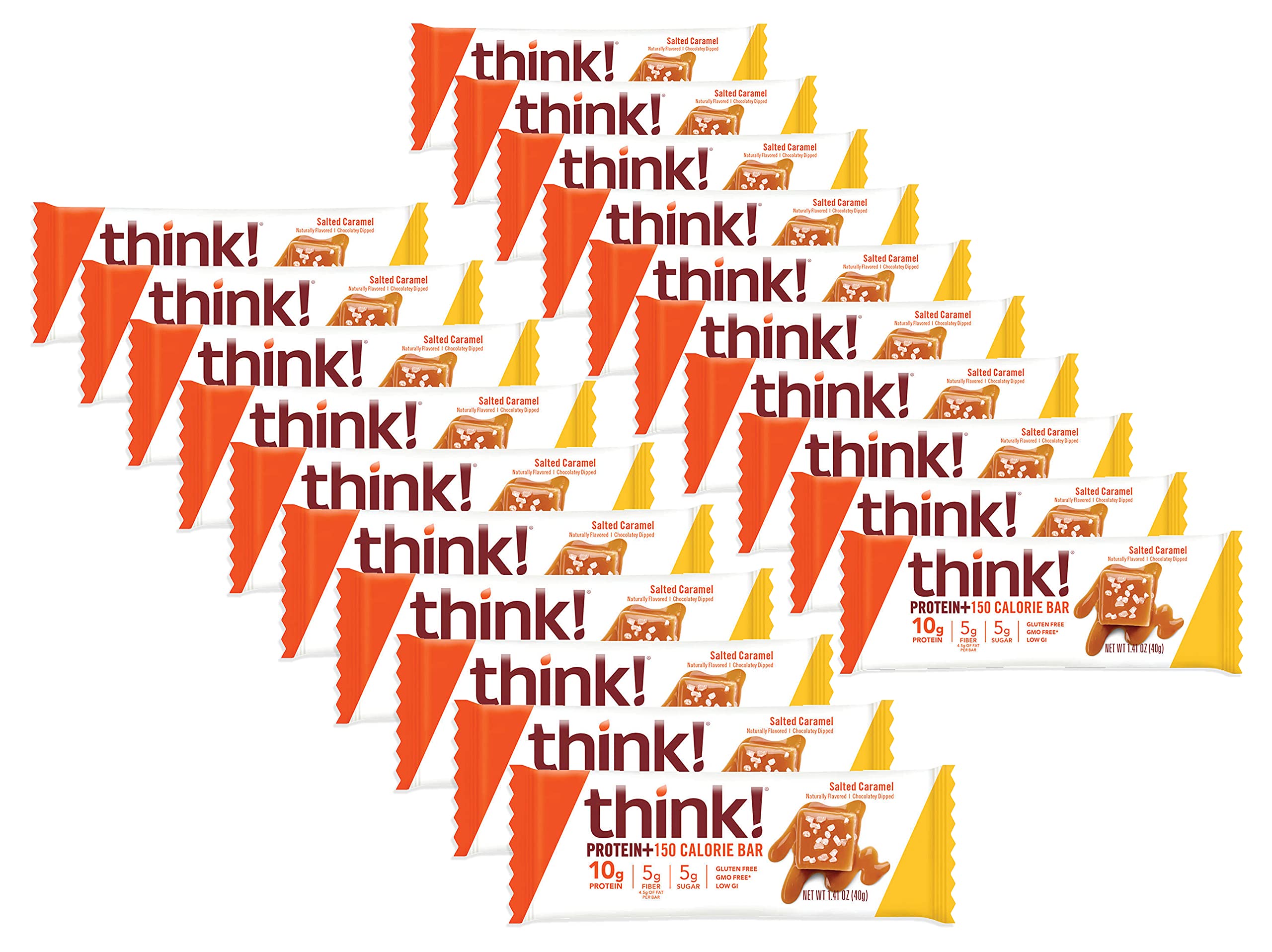 ThinkThin salted caramel bar wrapper showcasing protein and fiber on the go.