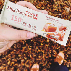 ThinkThin salted caramel close-up reveals rich texture and flavor.