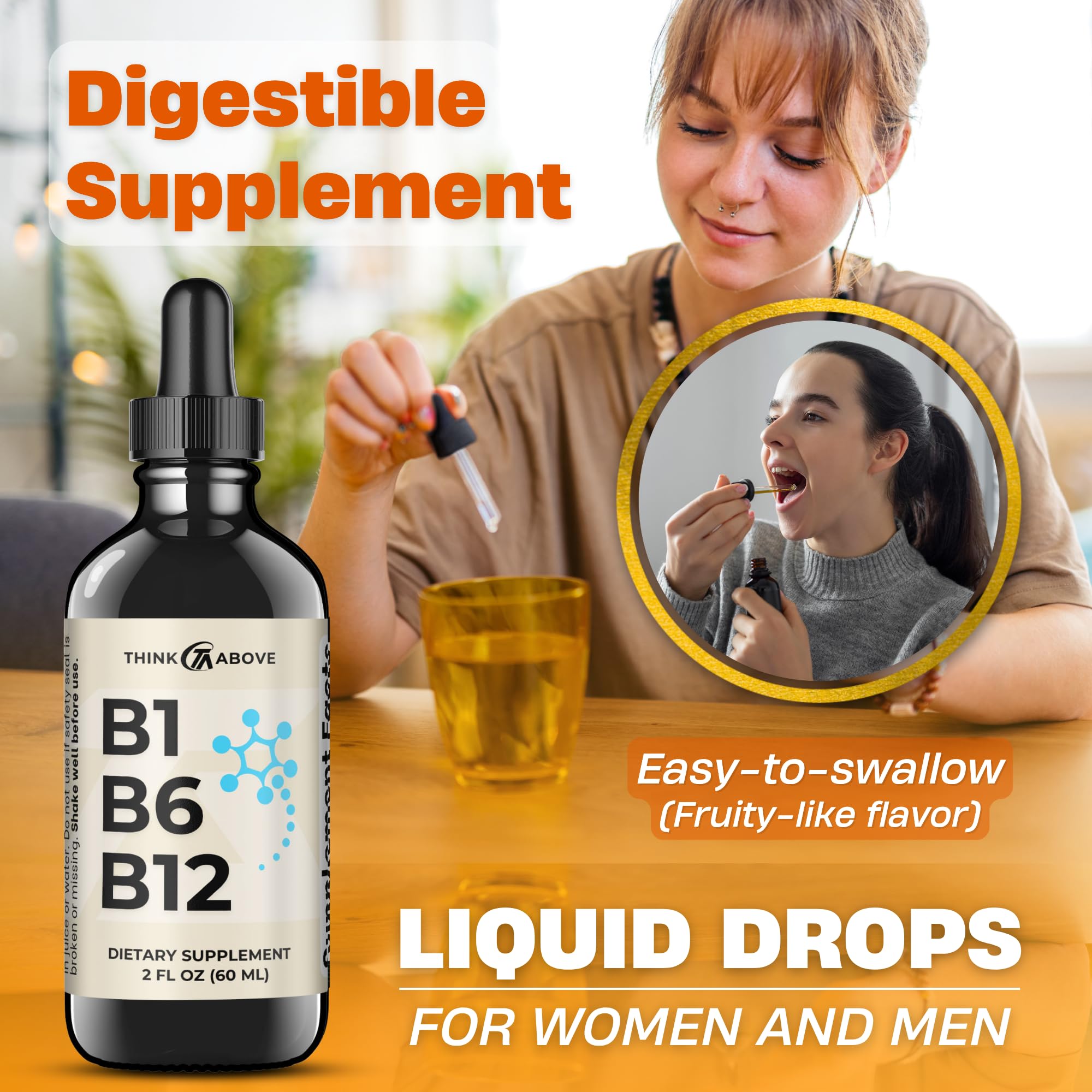 Think Above B1 B6 B12 drops offer simple daily intake with clear labeling