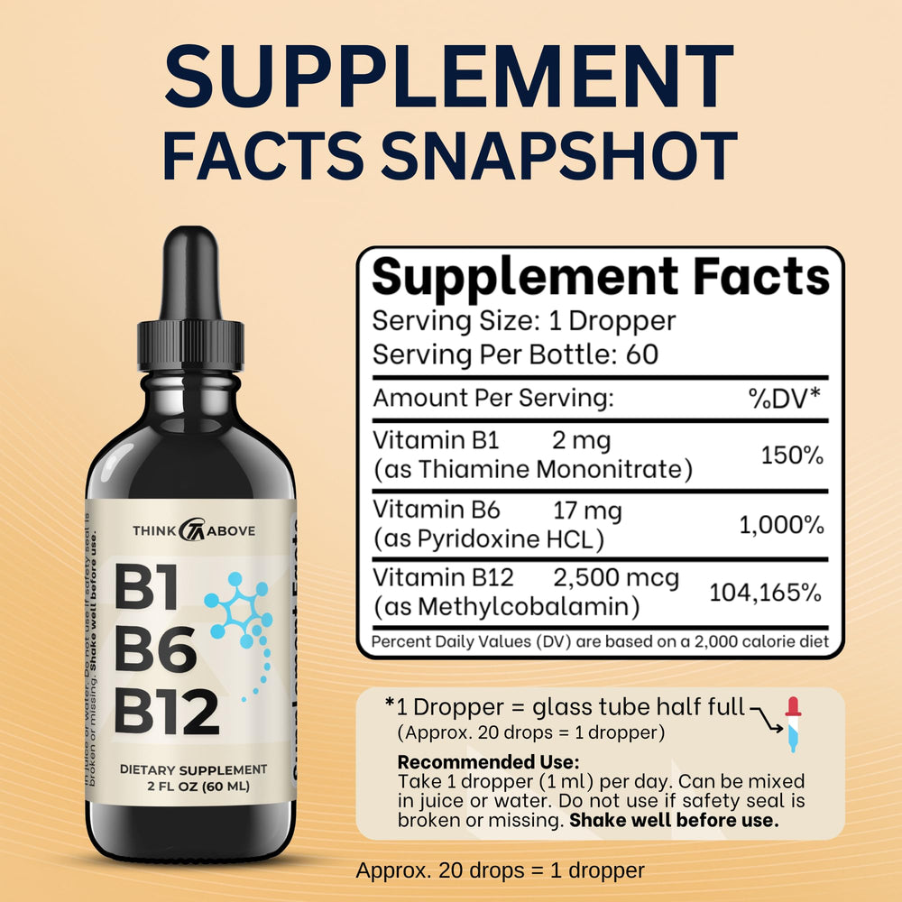 Think Above B1 B6 B12 glass bottle preserves potency while keeping taste intact