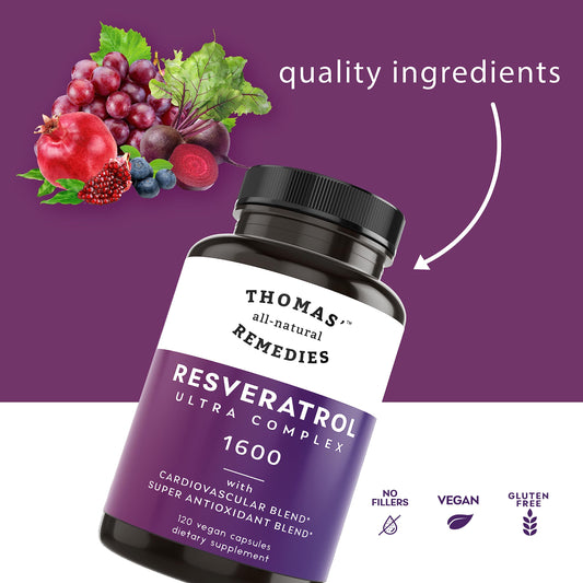 Thomas' all-natural Remedies Resveratrol bottle back label with organic ingredients details.