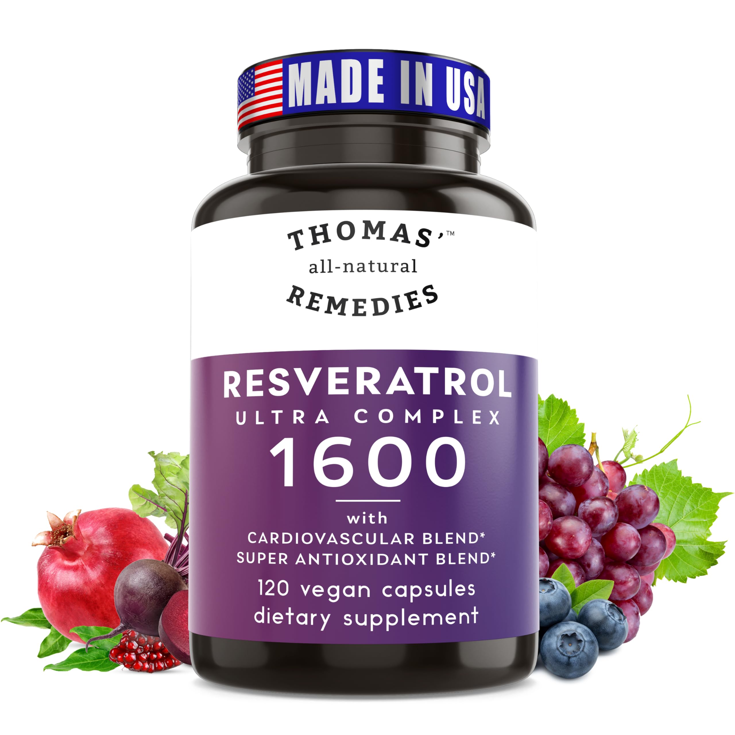 Thomas' all-natural Remedies Resveratrol bottle front shows the 1600mg antioxidant formula.
