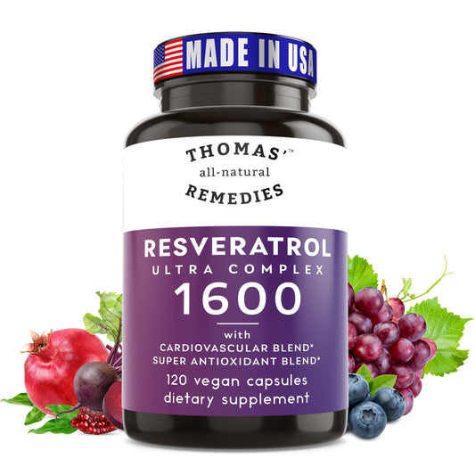Thomas' all-natural Remedies Resveratrol bottle front shows the 1600mg antioxidant formula.