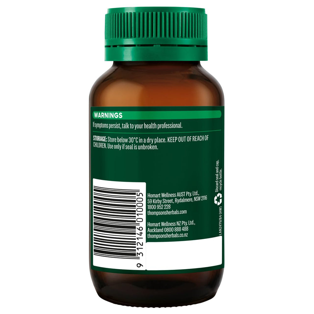 Thompson's Milk Thistle capsules closeup showing 60 capsules for liver support.