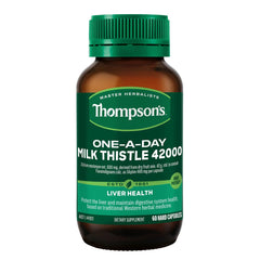 Thompson's Milk Thistle dosage instruction card illustrating one-a-day usage.