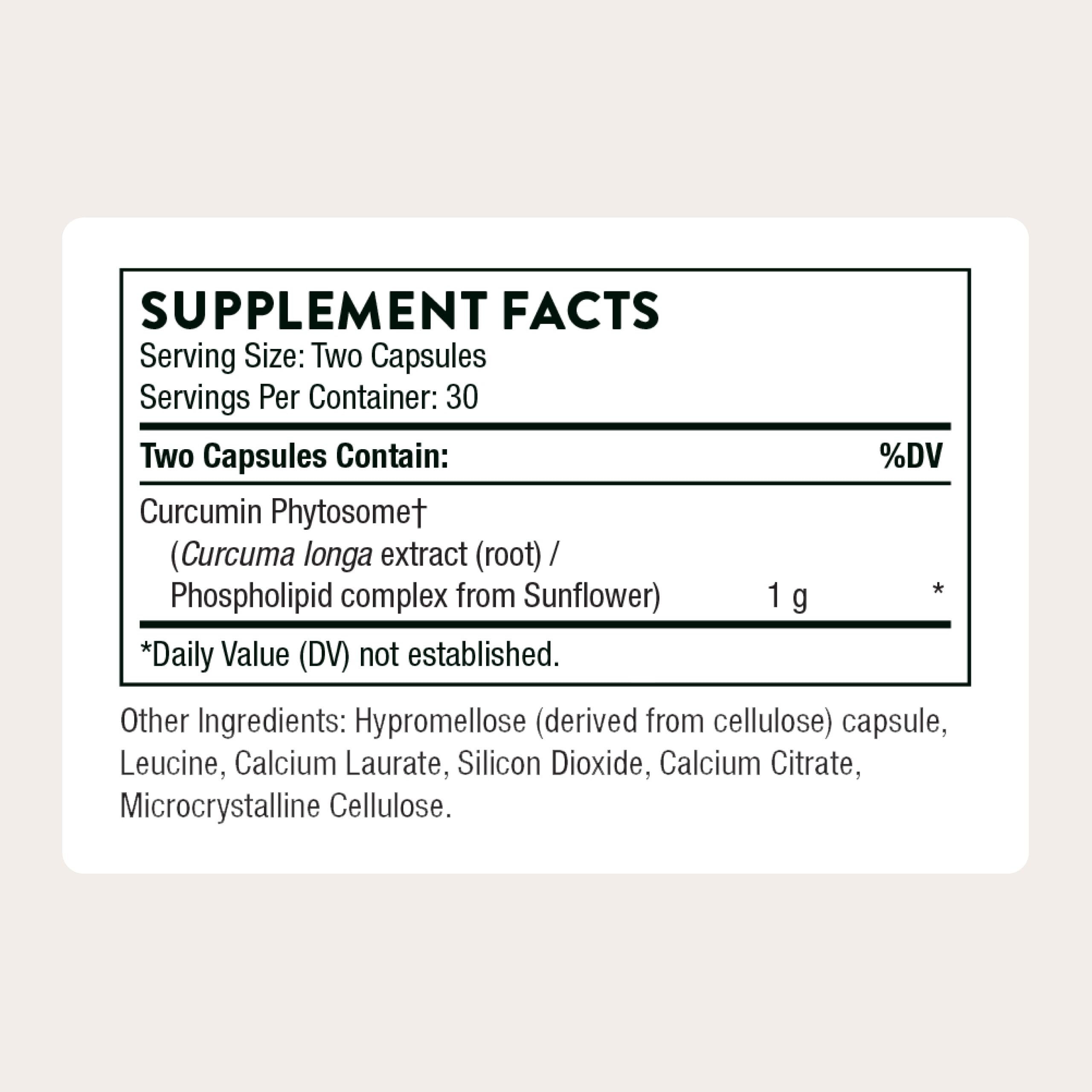 Thorne Curcumin Phytosome label shows clinically studied ingredients and quality seals