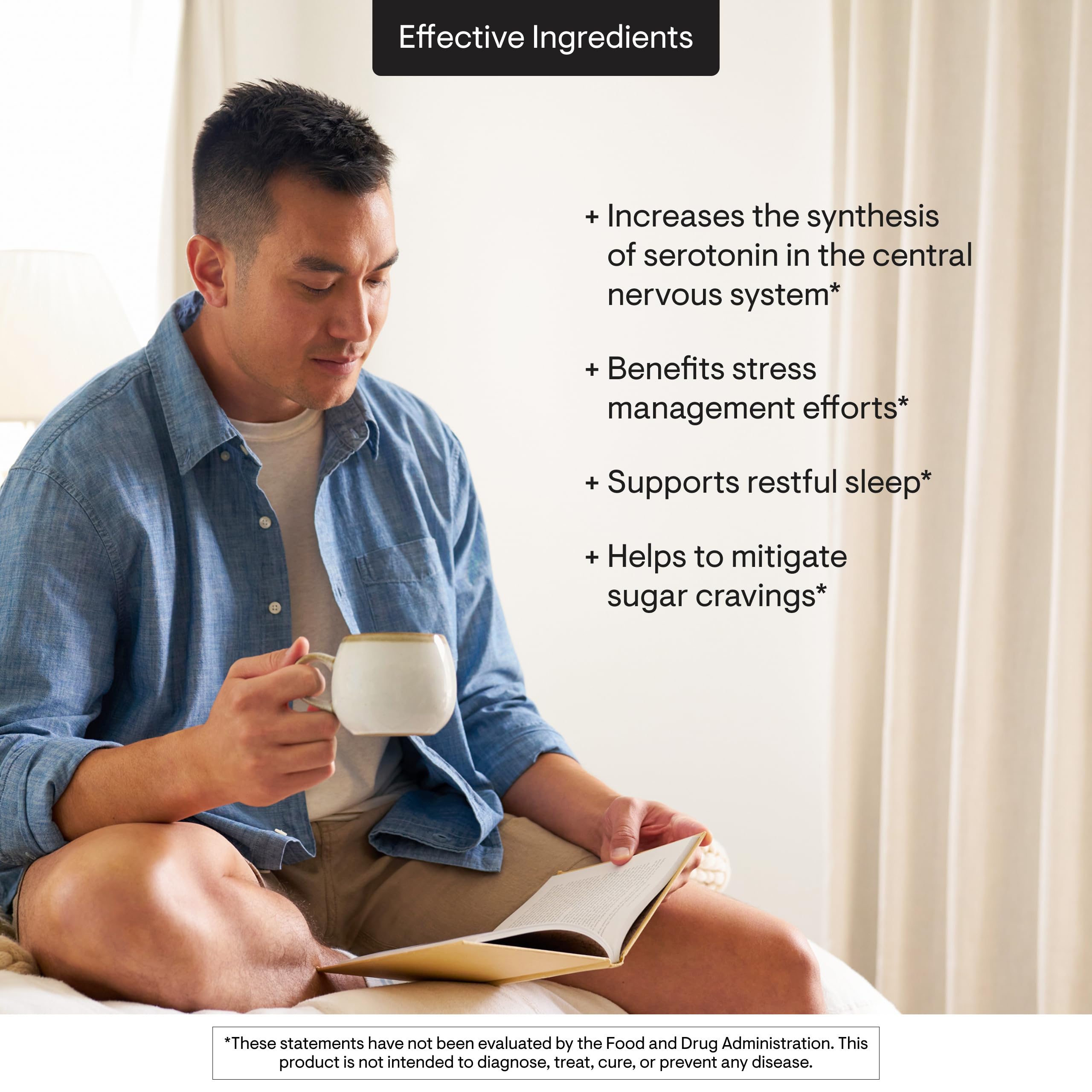 THORNE 5-HTP bottle on a dresser beside a glass