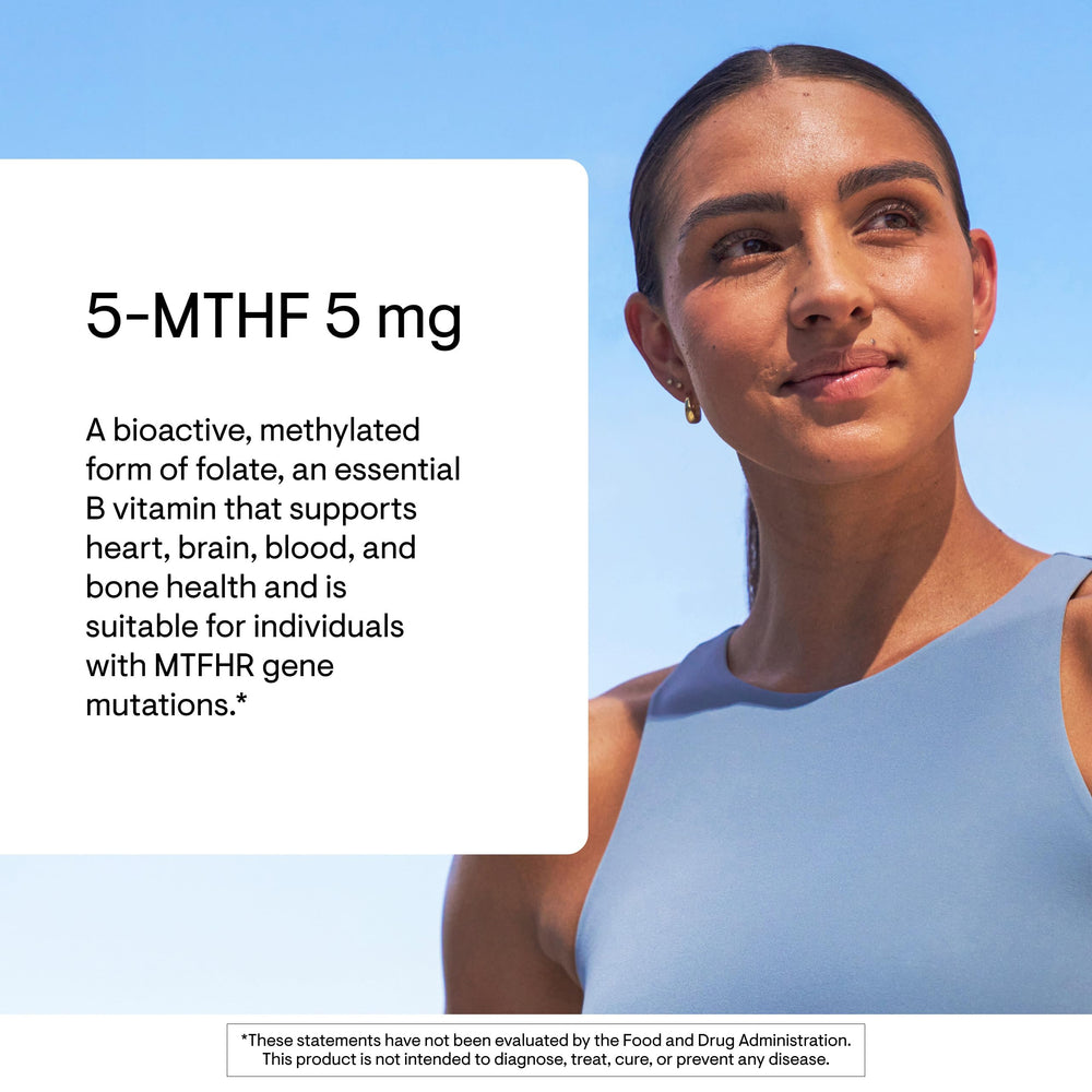 Close-up of Thorne 5-MTHF capsules emphasizing precise 5 mg dose.