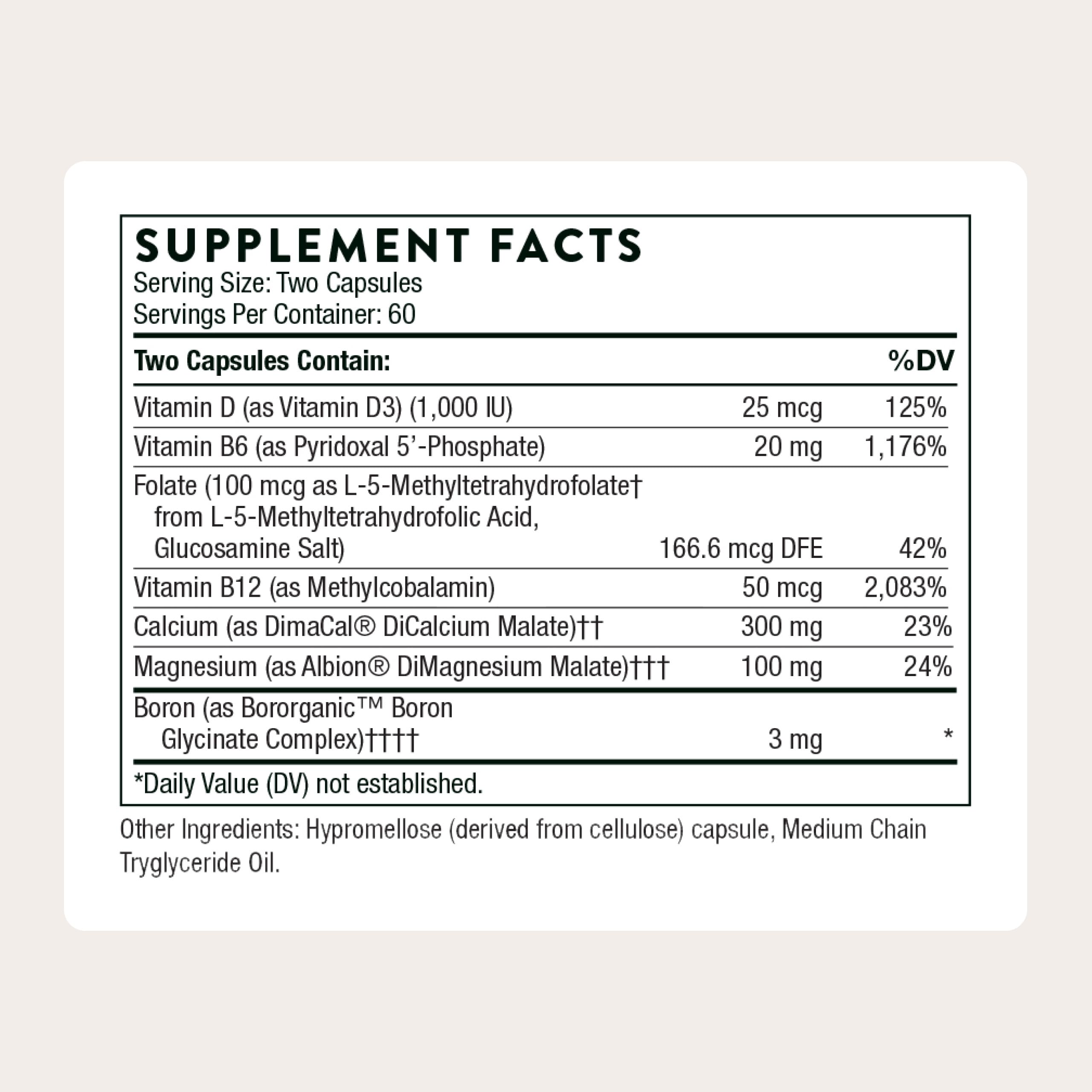 THORNE Advanced Bone Support capsules close-up shows small, easy-to-swallow tablets for daily use.