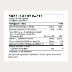 THORNE Advanced Bone Support capsules close-up shows small, easy-to-swallow tablets for daily use.