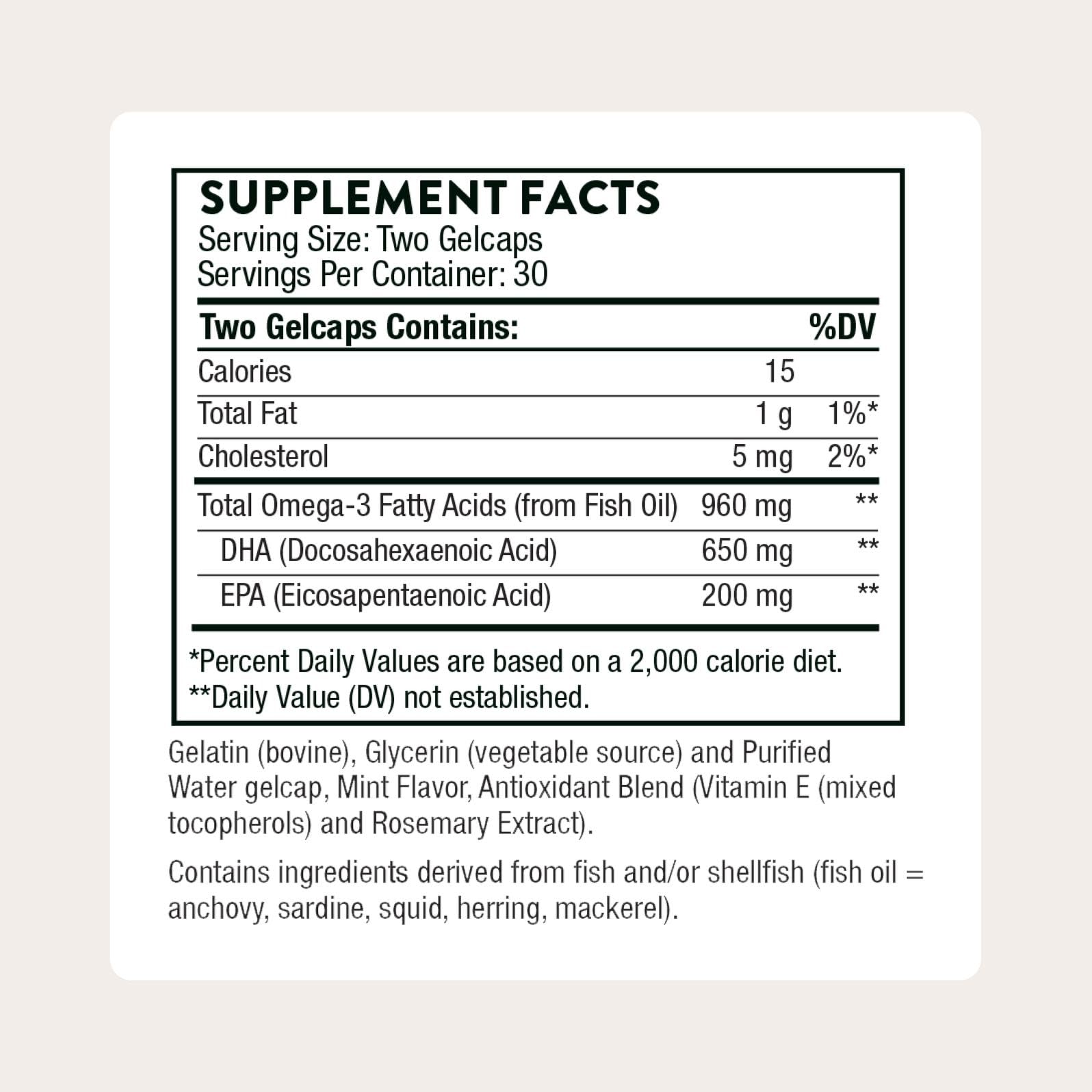 Close-up of THORNE Advanced DHA capsules highlighting mint flavor