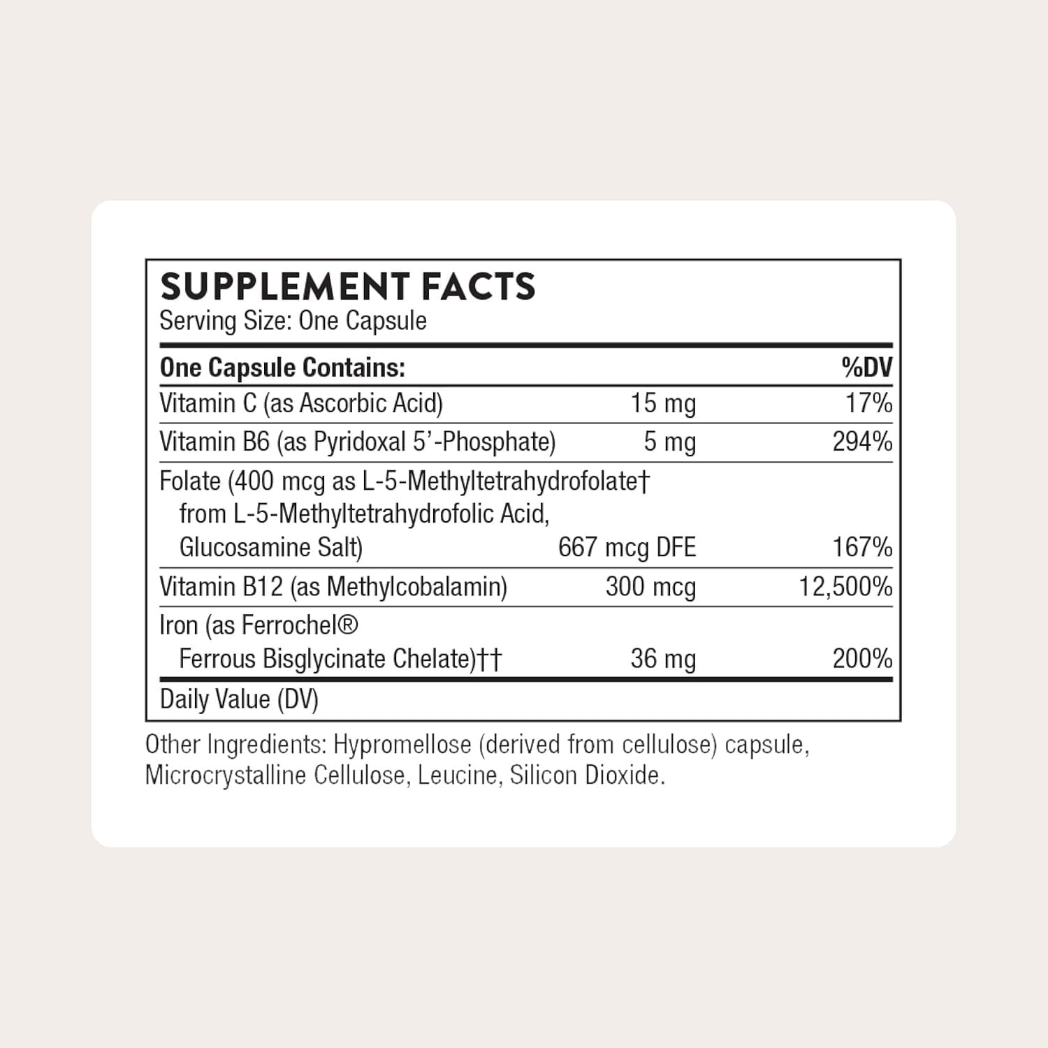 THORNE Advanced Iron Complex capsules closeup showing gentle iron bisglycinate.
