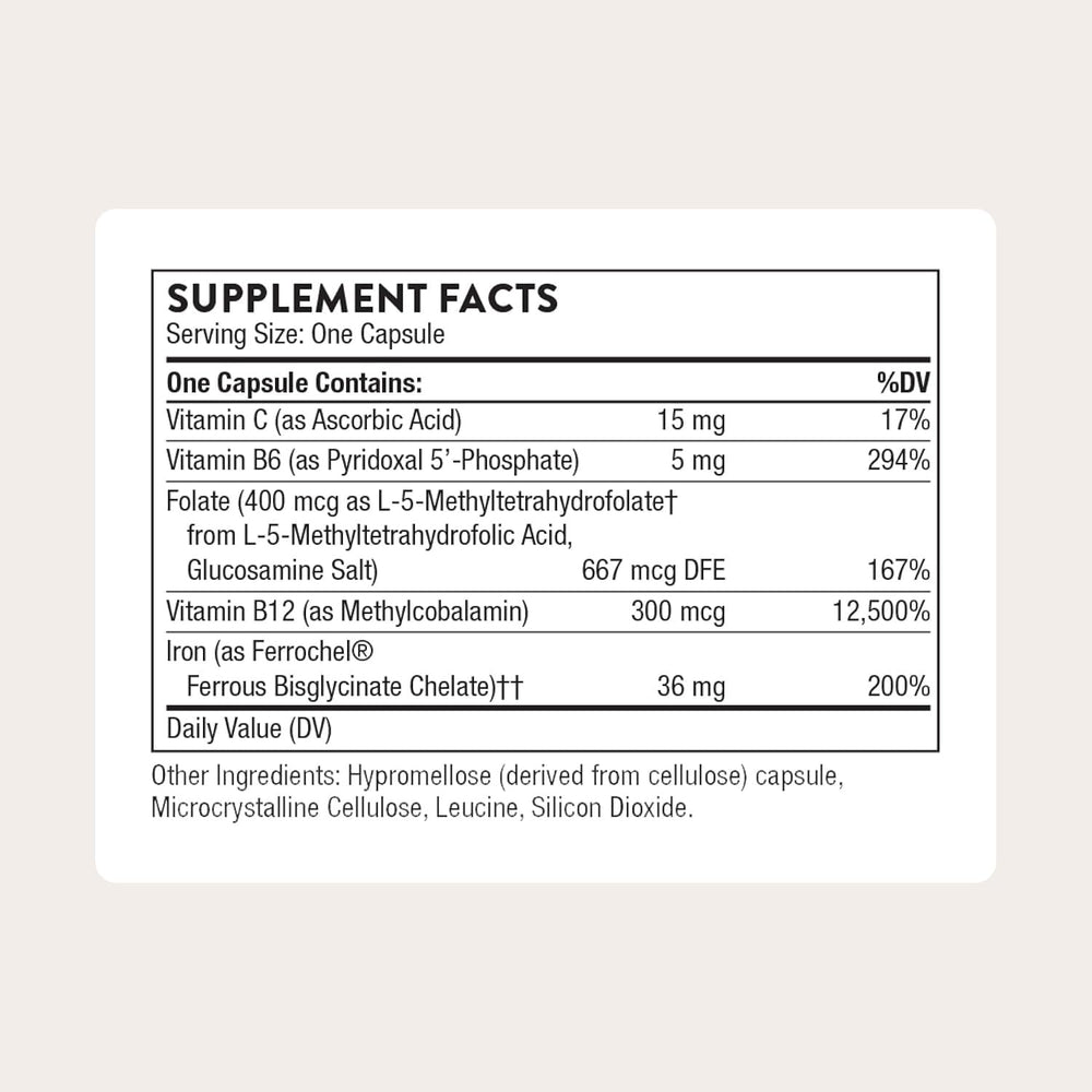 THORNE Advanced Iron Complex capsules closeup showing gentle iron bisglycinate.