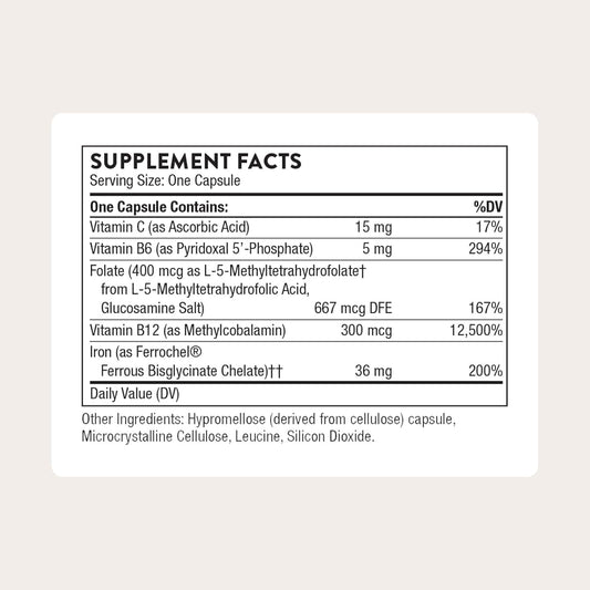 THORNE Advanced Iron Complex capsules closeup showing gentle iron bisglycinate.