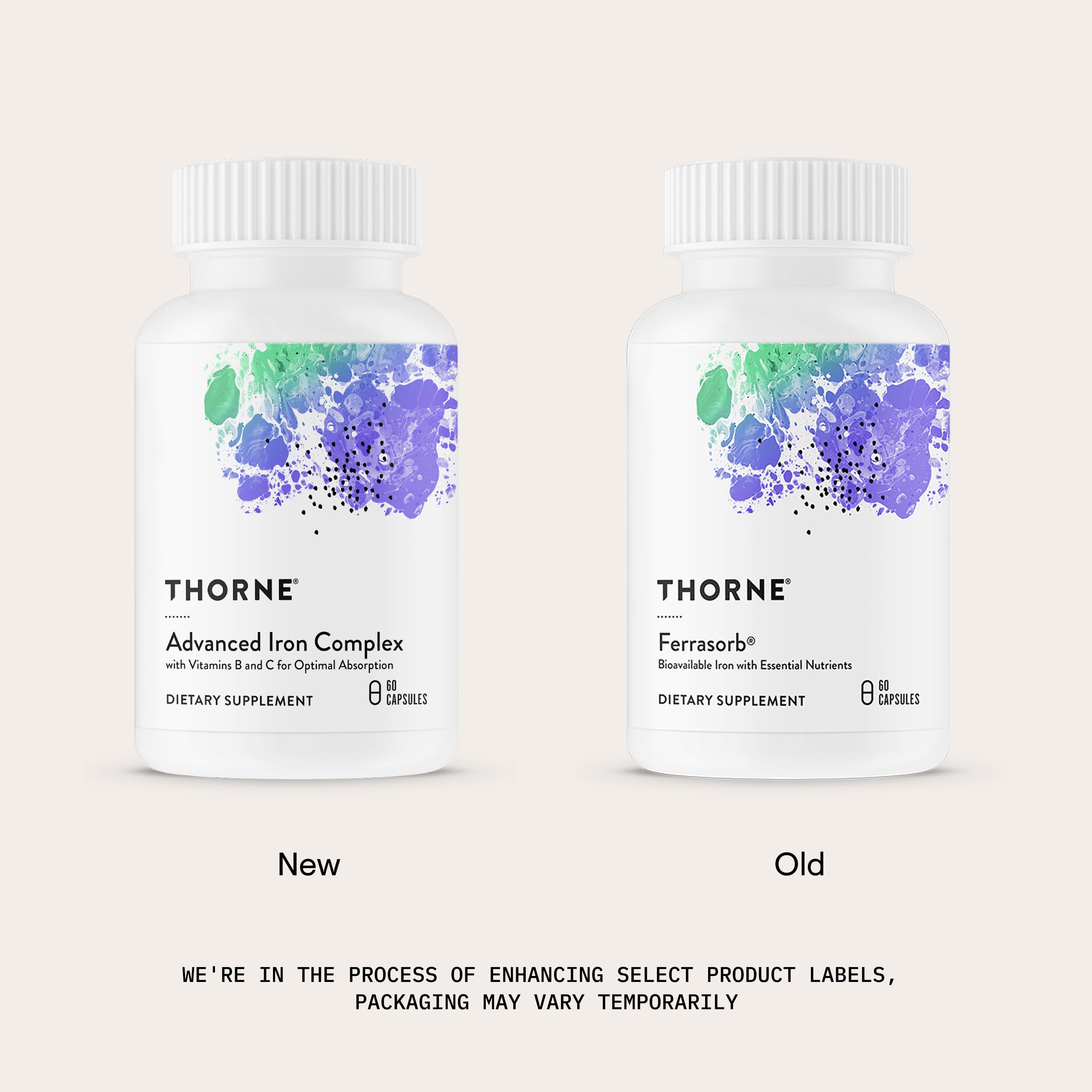 THORNE Advanced Iron Complex label detail with B vitamins and folate.
