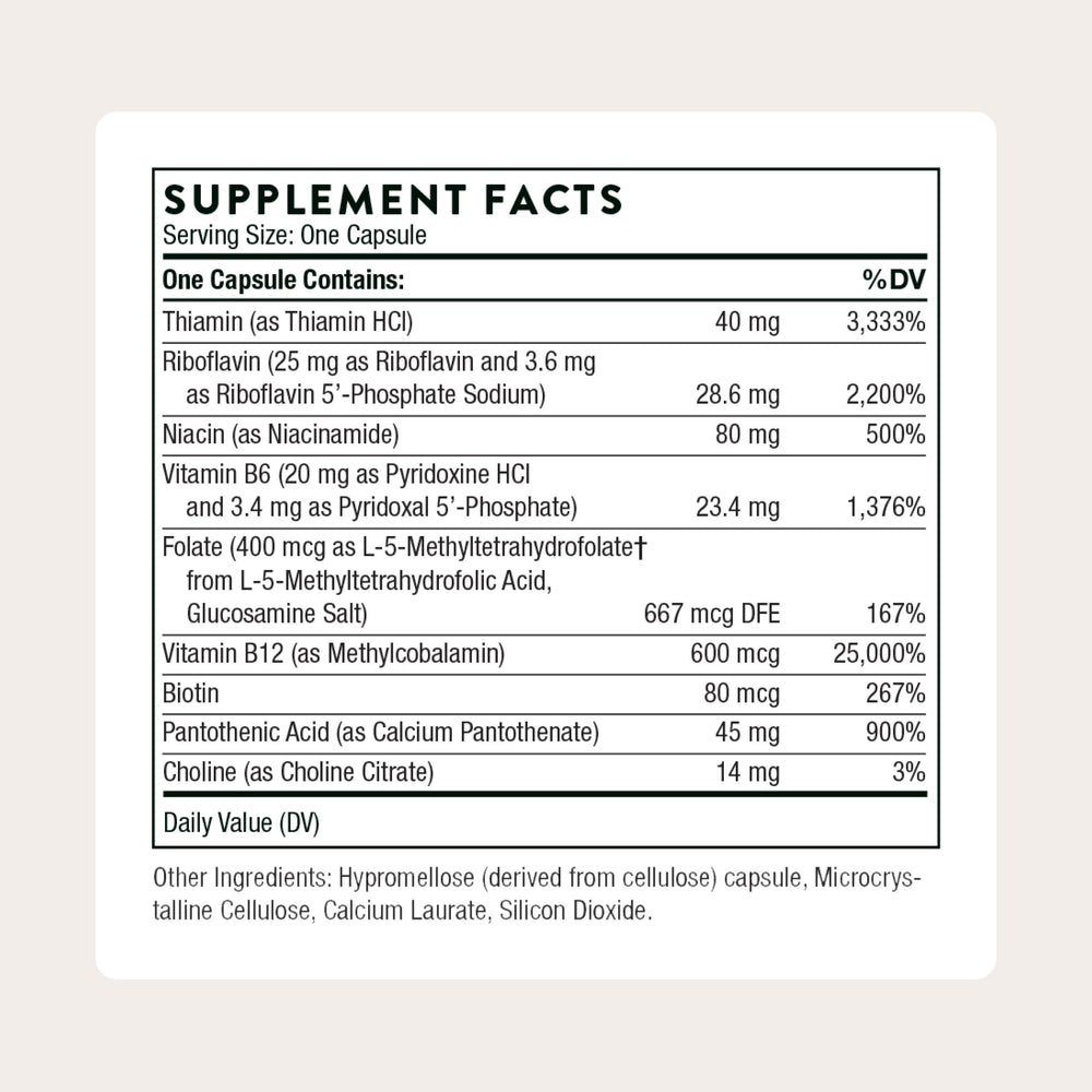 THORNE B-Complex #12 capsules close-up highlighting B vitamins for energy production