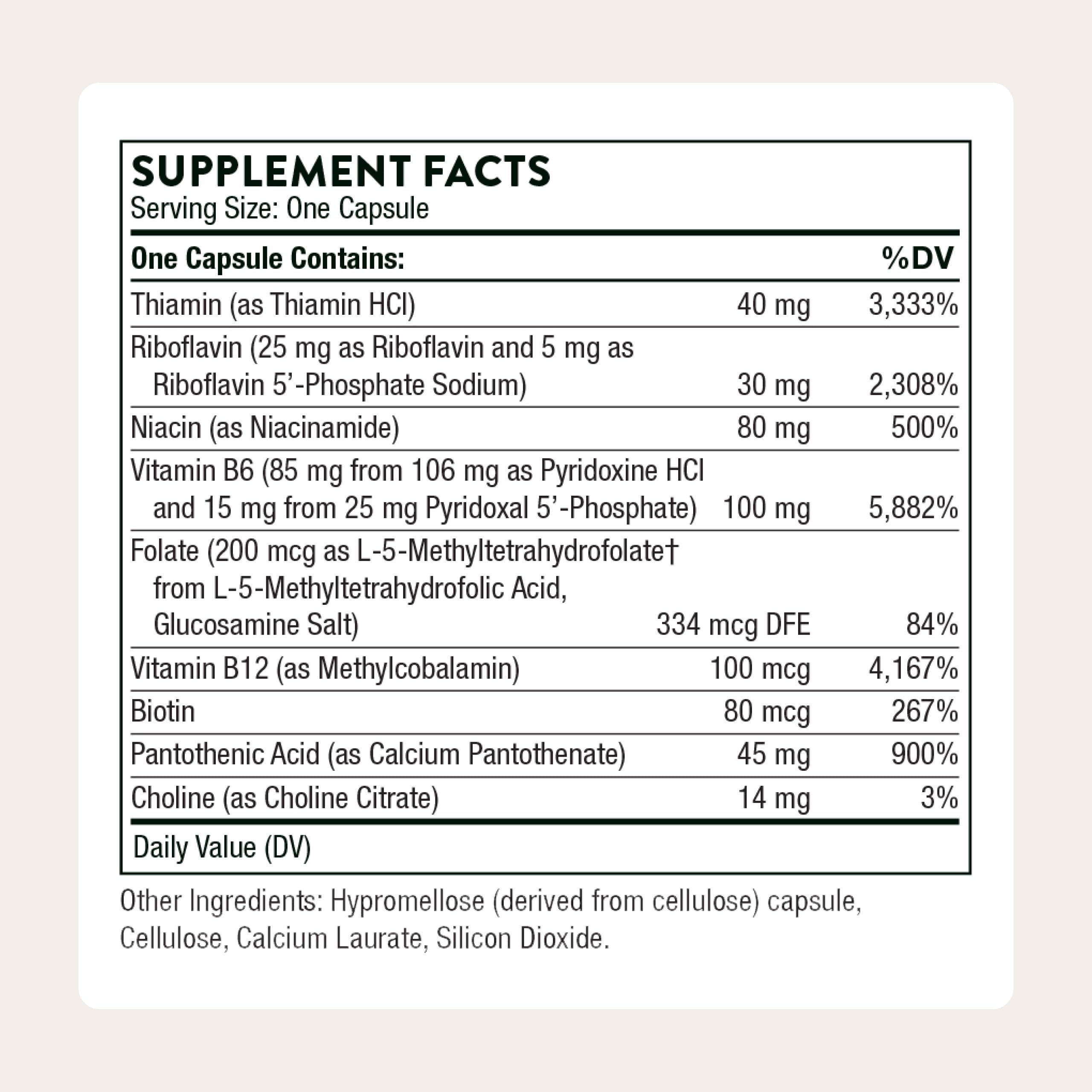 THORNE B-Complex #6 bottle back listing choline and active B vitamins for focus.