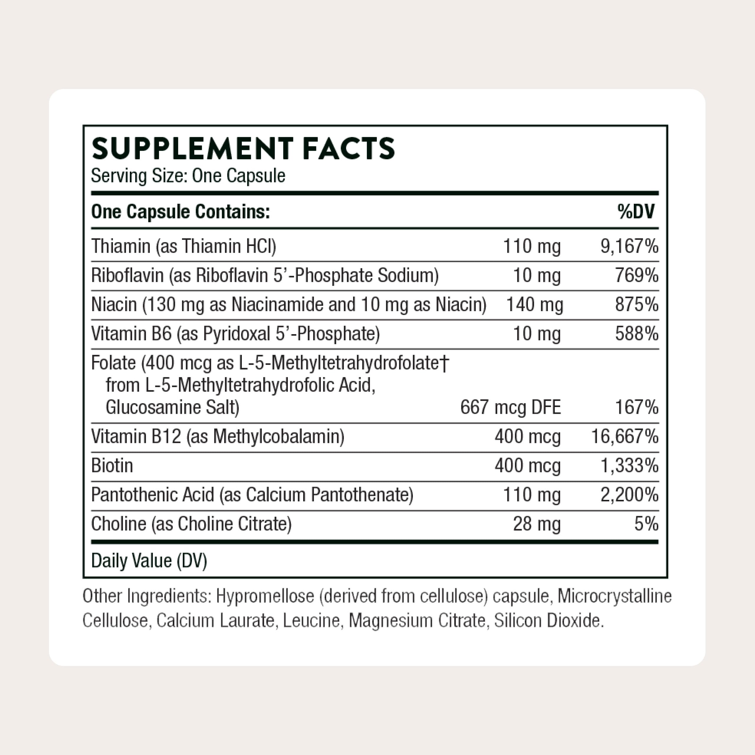 THORNE Basic B-Complex bottle back label with ingredient details