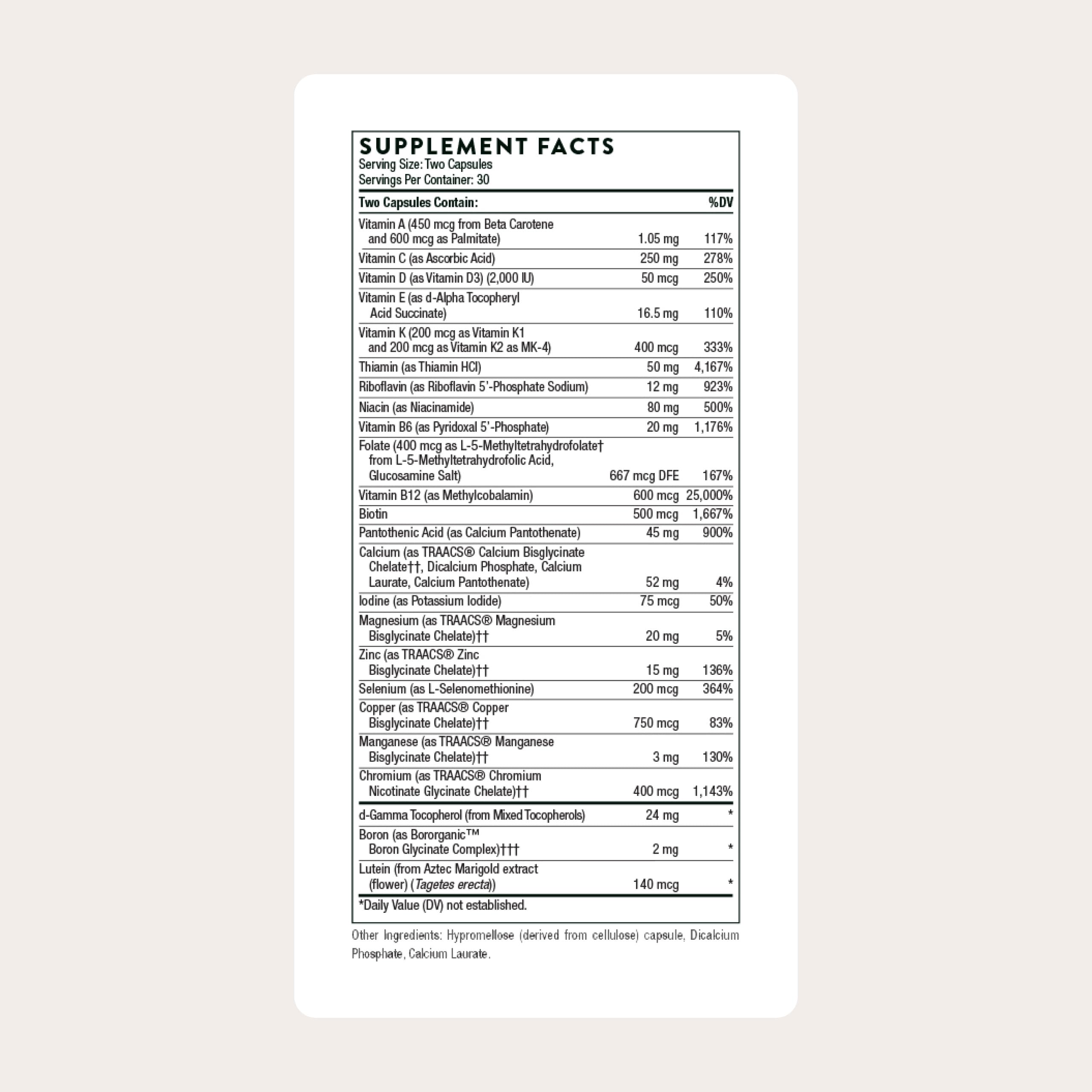 THORNE Basic Nutrients 2/Day capsules close-up for absorption