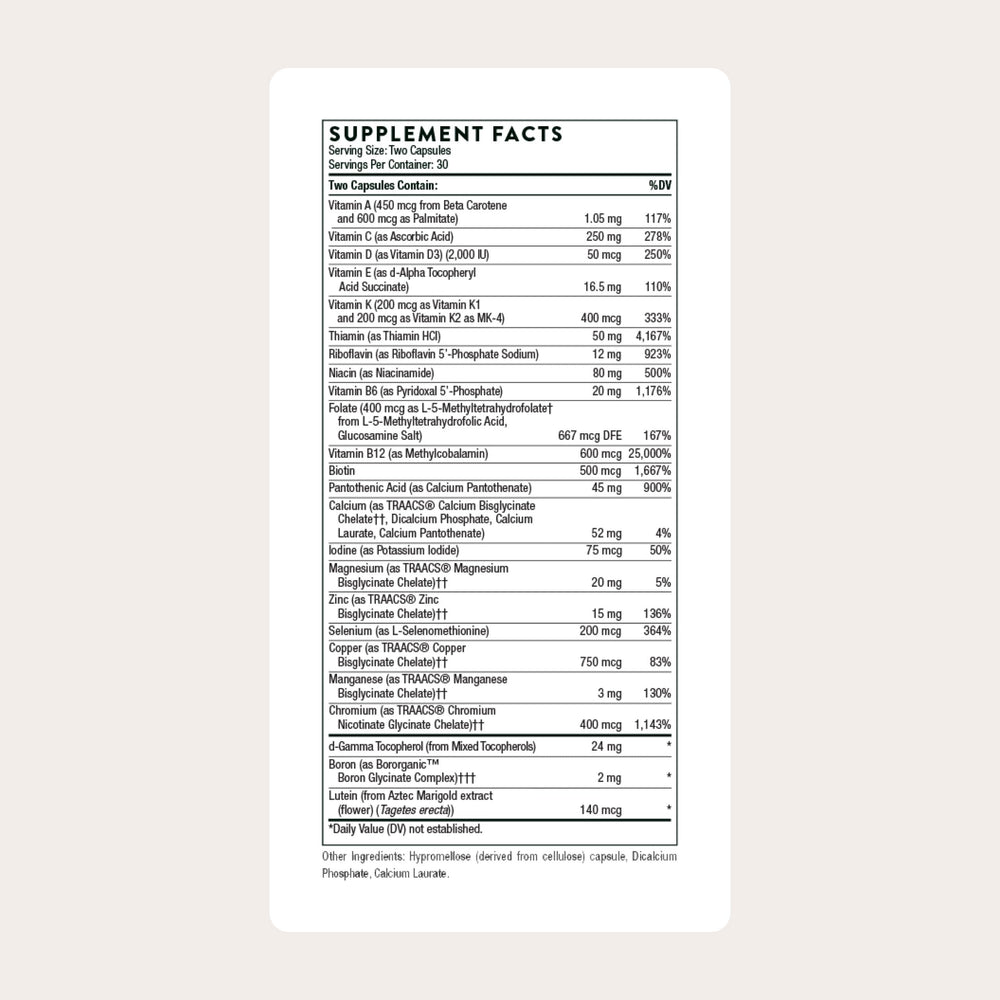 THORNE Basic Nutrients 2/Day capsules close-up for absorption