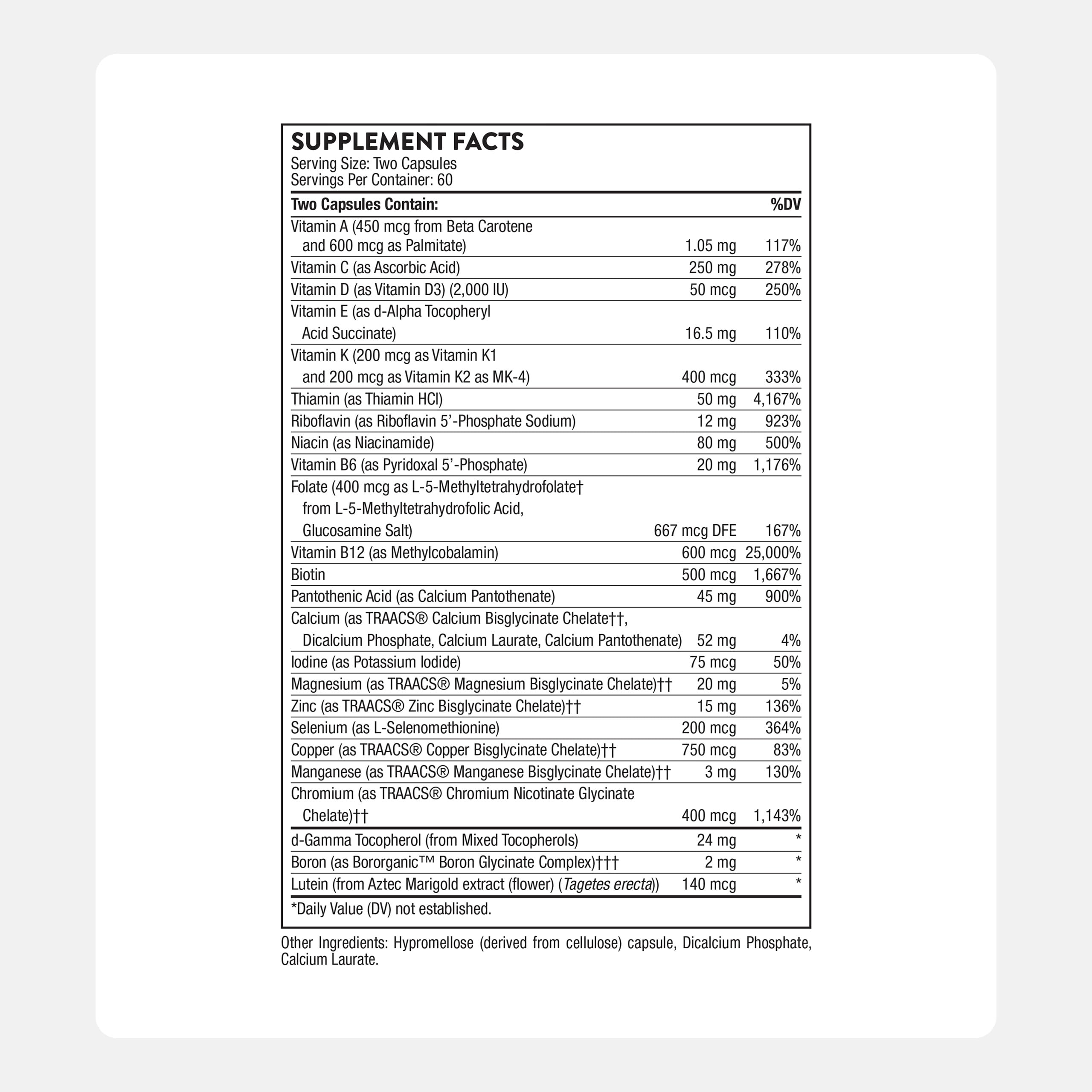 THORNE Basic Nutrients capsules closeup emphasizing compact size and easy intake.