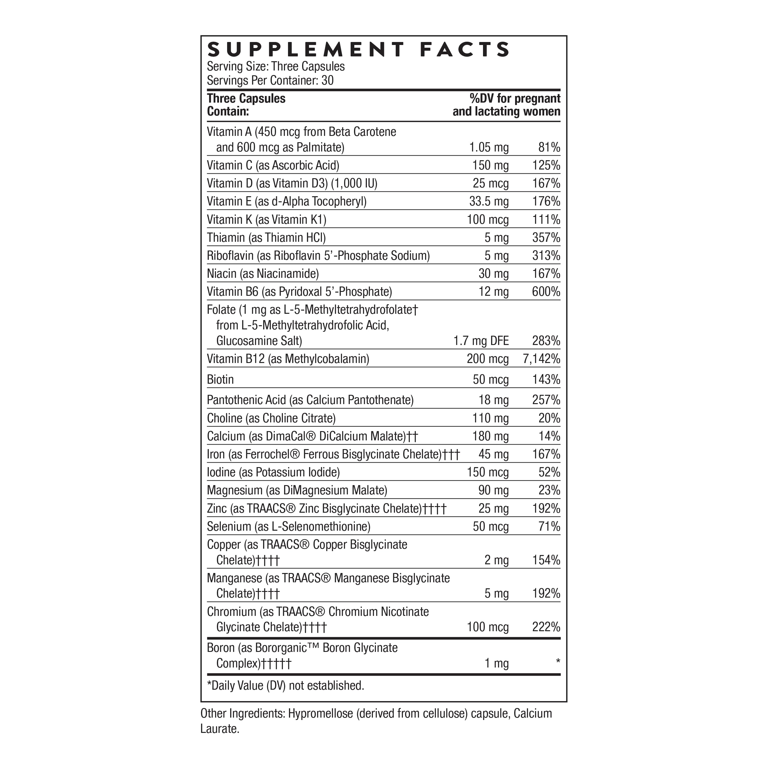 THORNE Basic Prenatal label displaying ingredients and dosage details.
