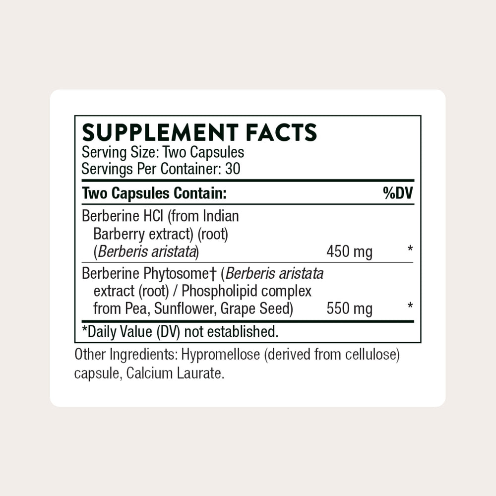 THORNE Berberine Dual Action bottle label showing cholesterol and glucose support