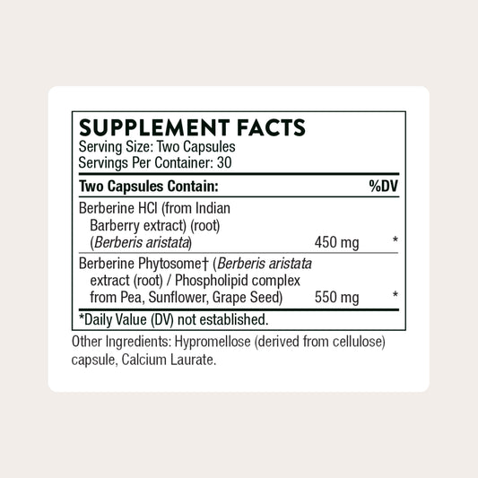 THORNE Berberine Dual Action bottle label showing cholesterol and glucose support