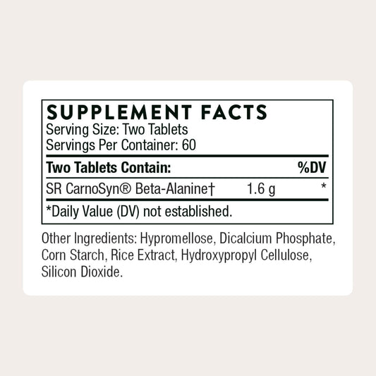 THORNE Beta Alanine Sustained Release tablets close-up with gentle release and steady energy.