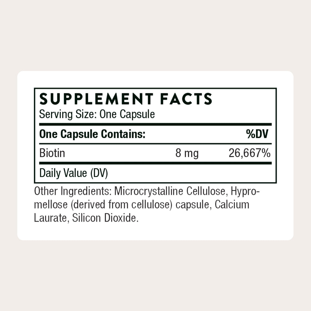THORNE Biotin capsules close-up highlighting daily use.