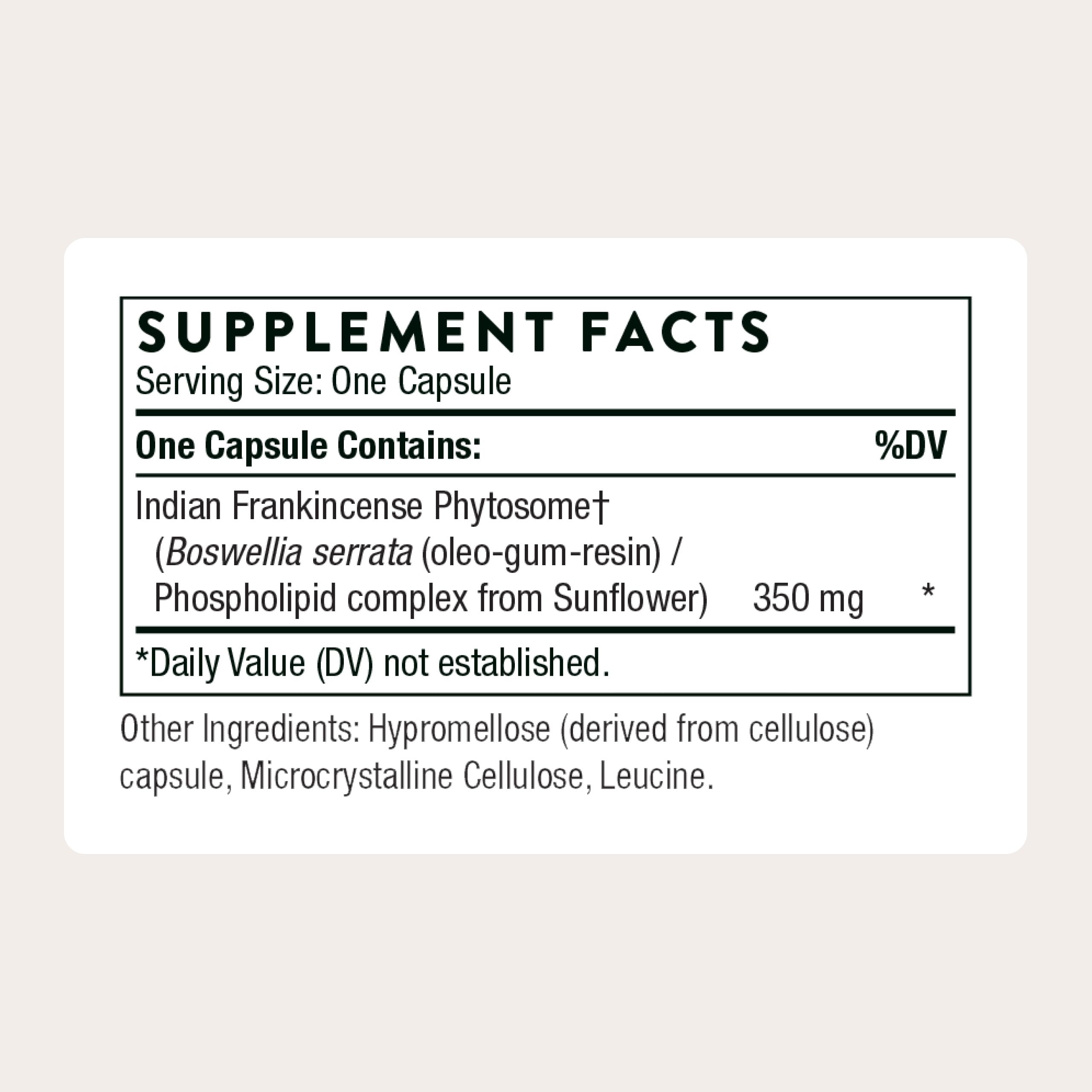 THORNE Boswellia Phytosome capsules close-up shows full spectrum acids.