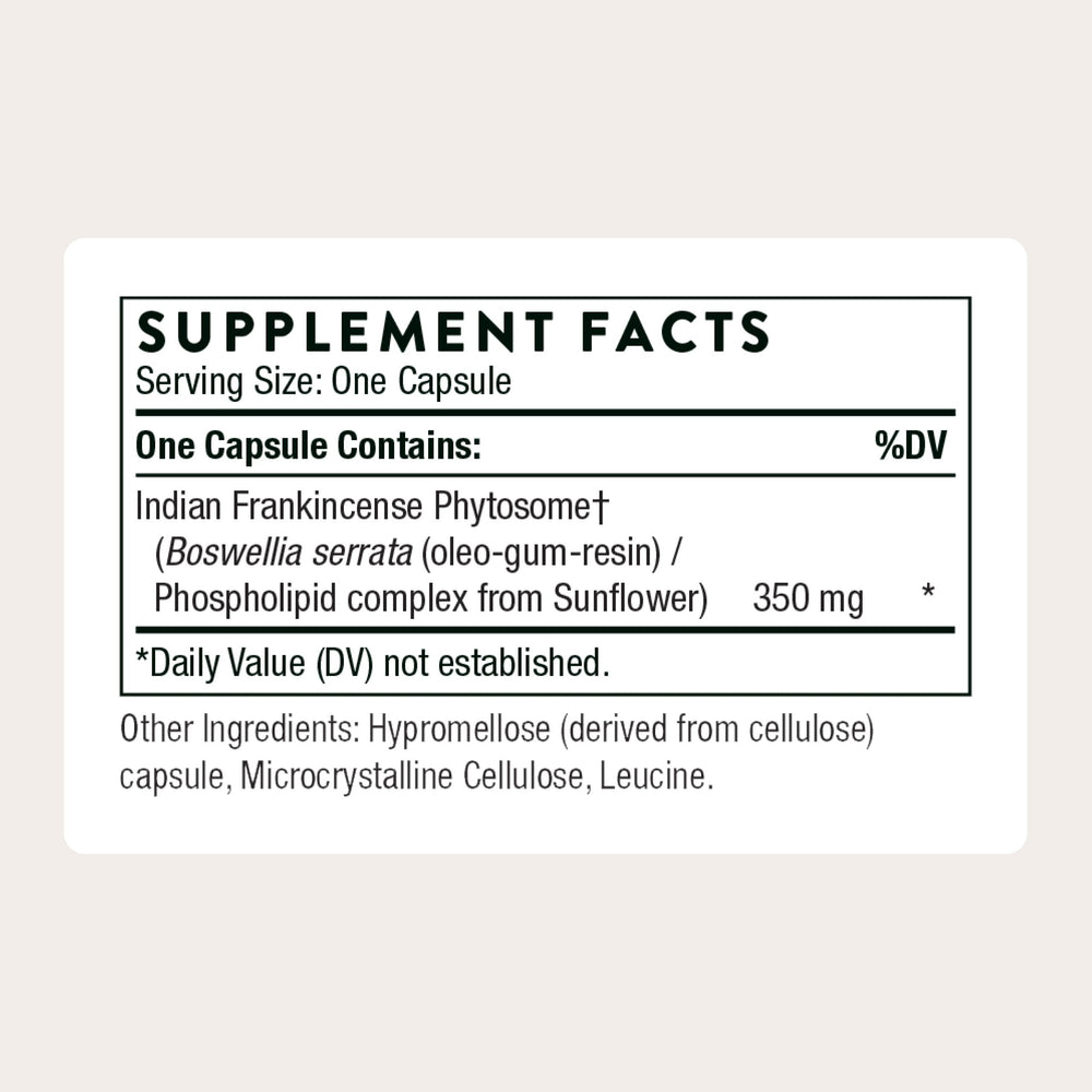 THORNE Boswellia Phytosome capsules close-up shows full spectrum acids.