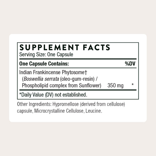 THORNE Boswellia Phytosome capsules close-up shows full spectrum acids.