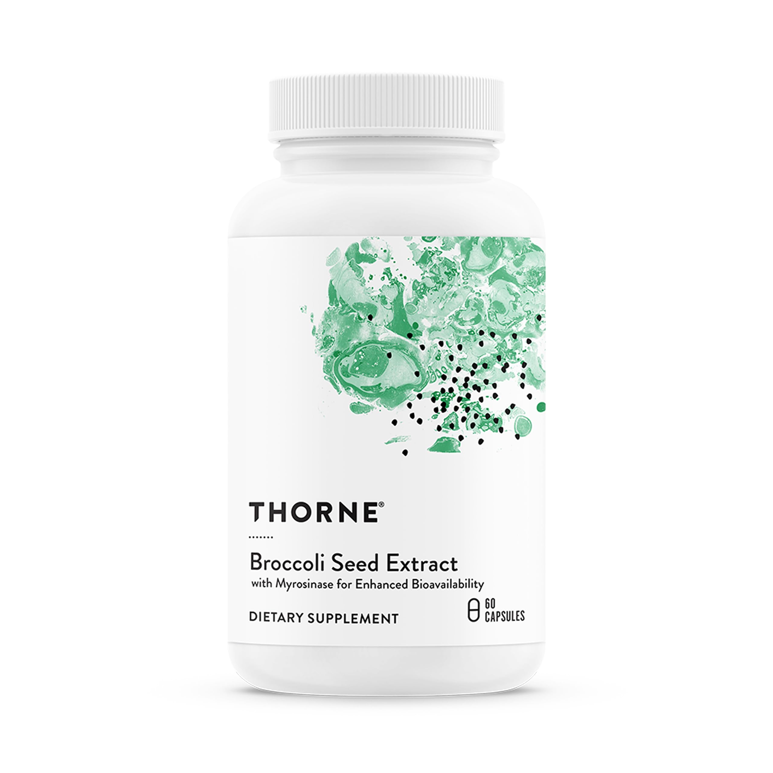 THORNE broccoli seed extract bottle label highlights SGS for antioxidant support.