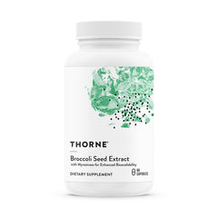 THORNE broccoli seed extract bottle label highlights SGS for antioxidant support.
