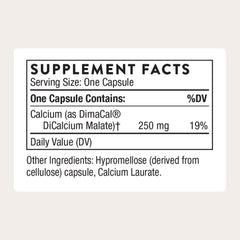 THORNE Calcium with DimaCal bottle back detailing ingredients and allergen-free profile