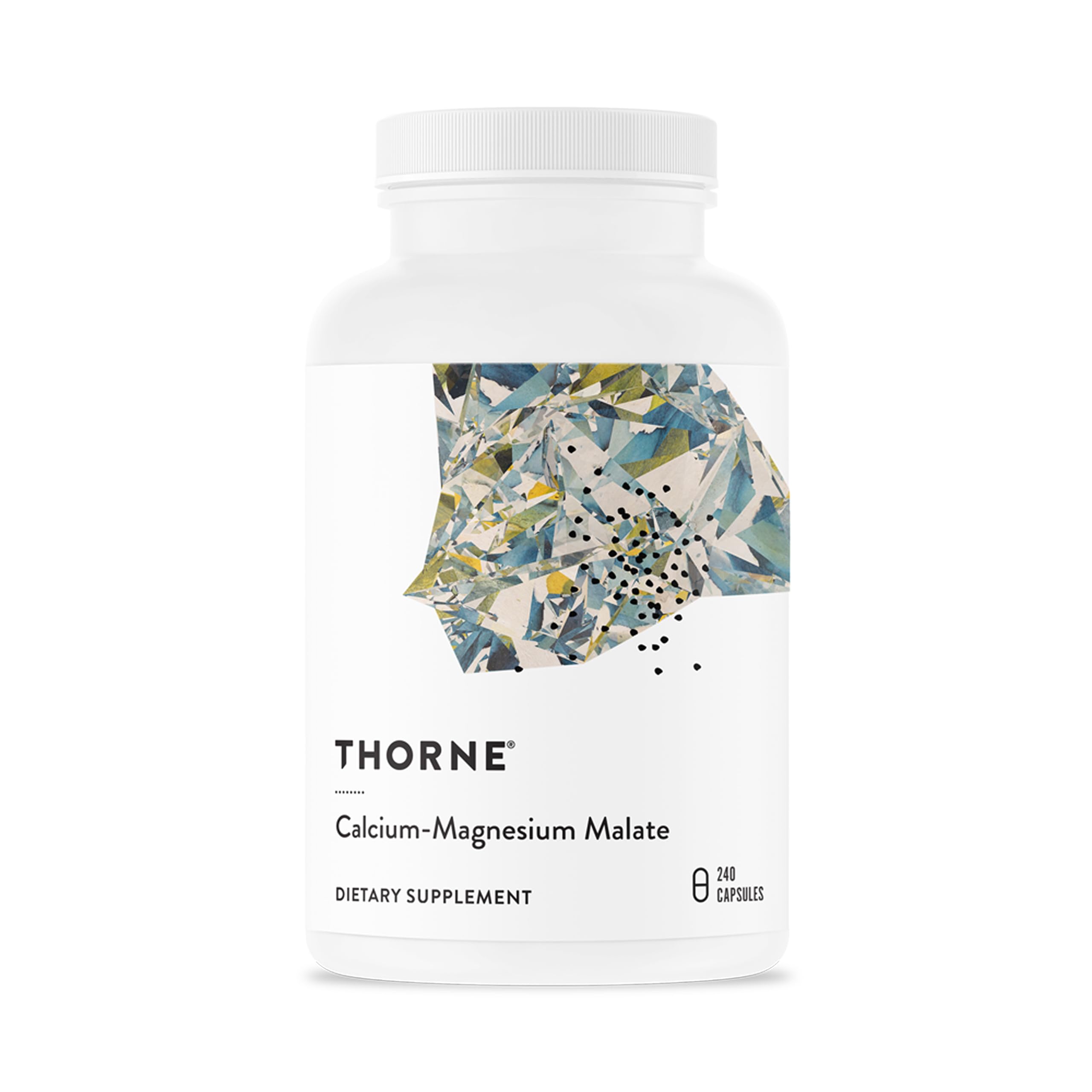 THORNE Calcium-Magnesium Malate bottle front with gluten-free mineral formula for daily support