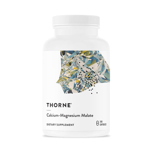 THORNE Calcium-Magnesium Malate bottle front with gluten-free mineral formula for daily support