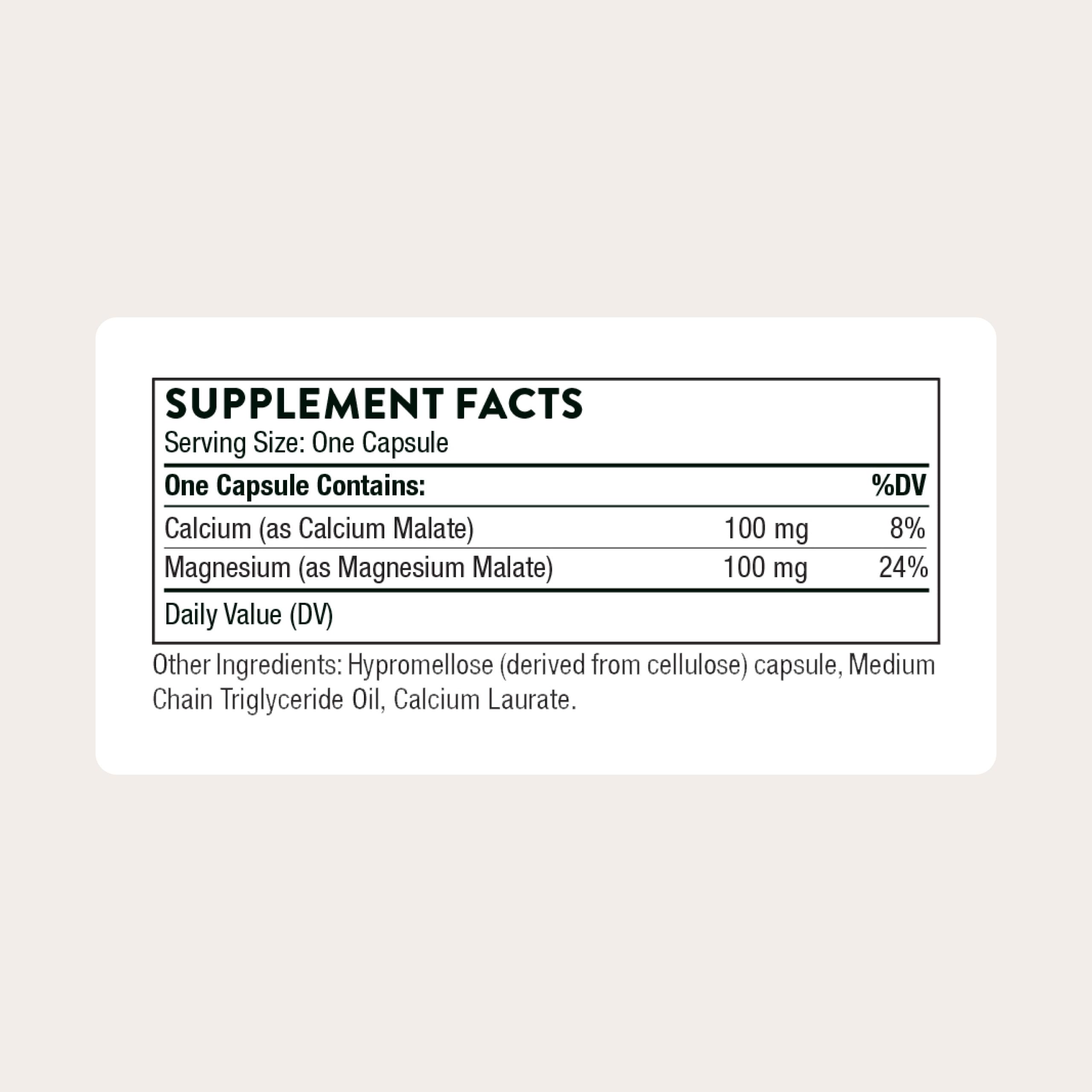 THORNE Calcium-Magnesium Malate bottle label close-up shows Albion minerals for optimized absorption