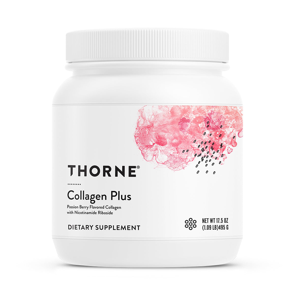 THORNE Collagen Plus bottle label showing ingredients and certification for peace of mind