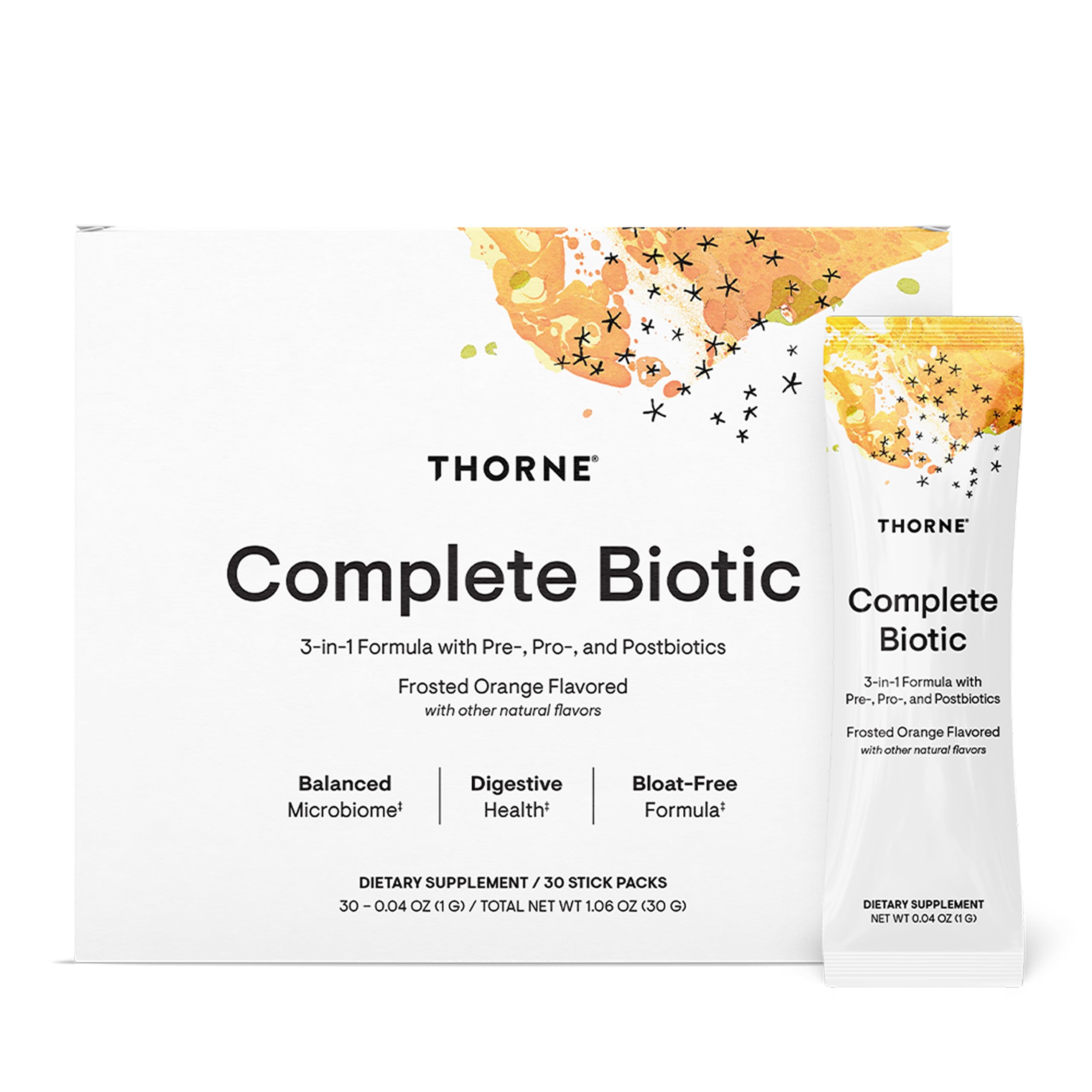 THORNE Complete Biotic probiotic powder stick pack for on-the-go gut support