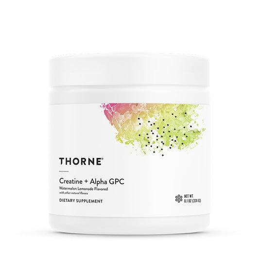 THORNE Creatine + Alpha-GPC bottle with Watermelon Lemonade flavor for workouts.