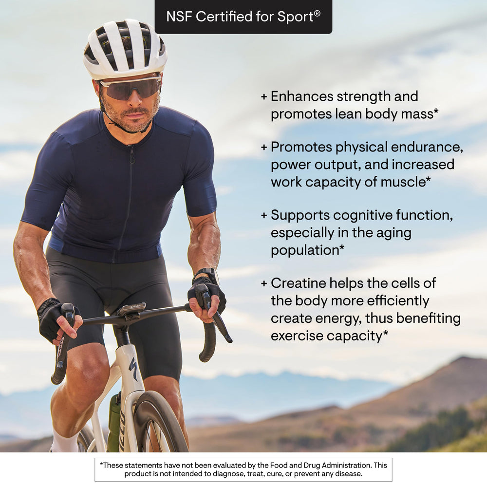 THORNE Creatine micronized powder close-up highlighting fine texture for rapid mixing.