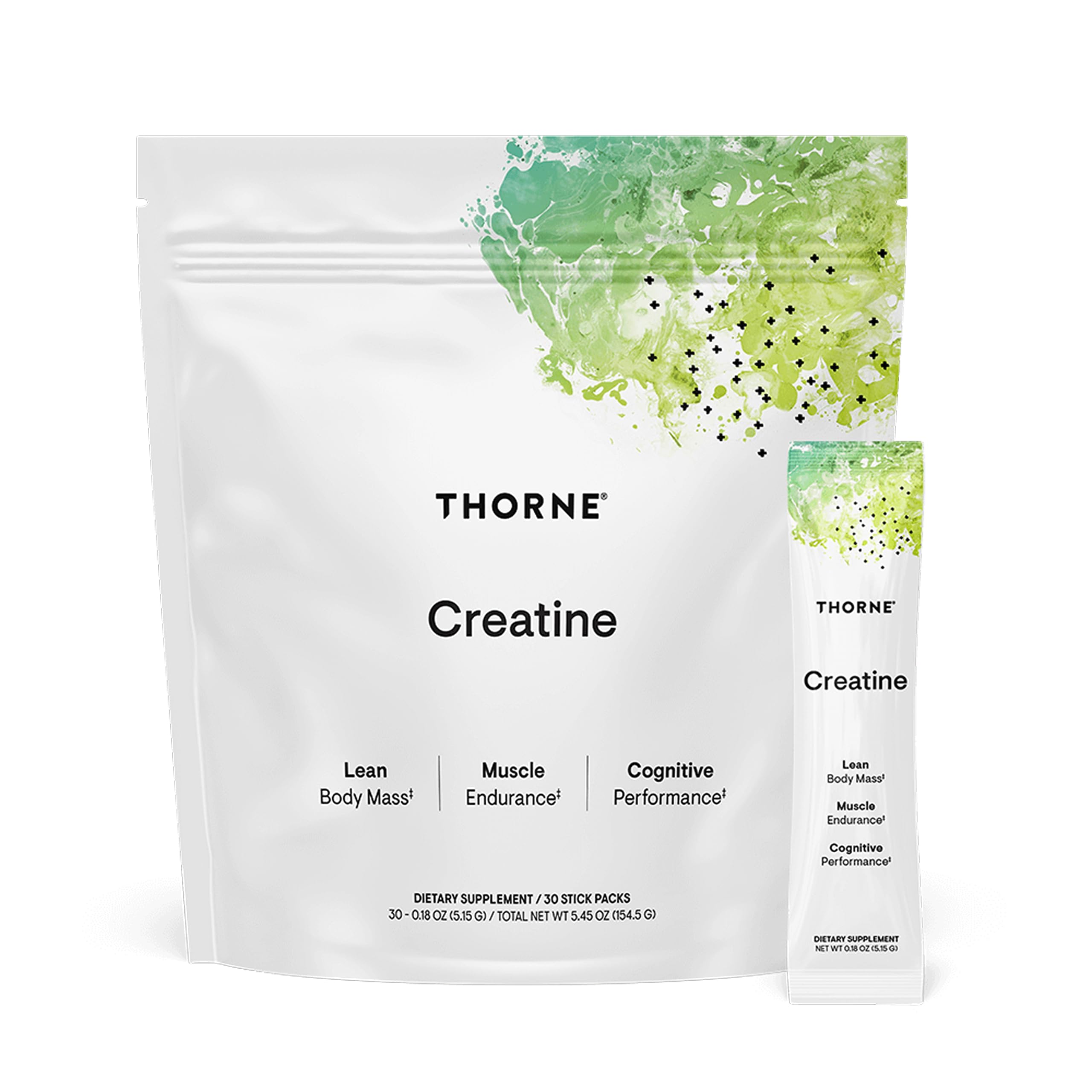 THORNE Creatine unflavored bottle pour showing neutral blend for workouts